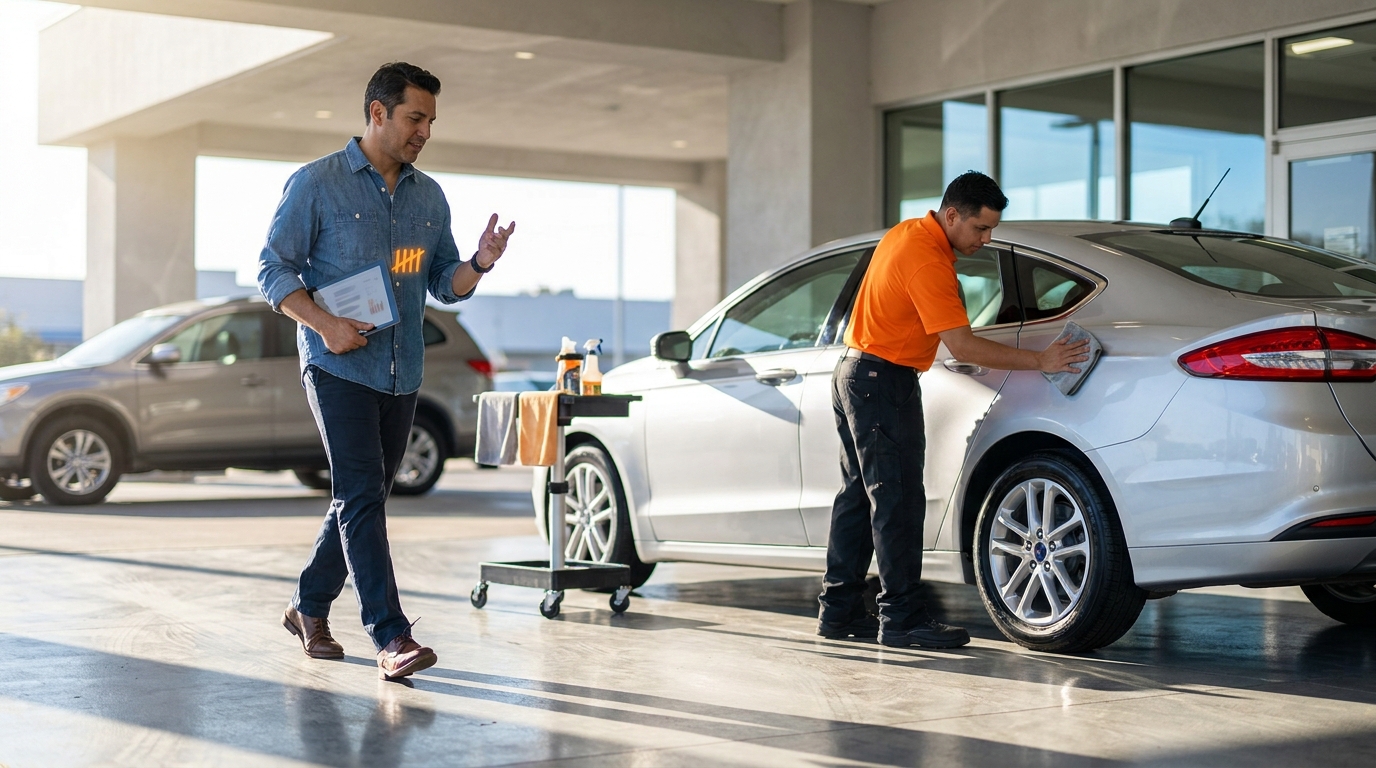 Owini dealership service customer retention — automated SMS campaign reminder on a service advisor's phone with a car on a dealership service lift in the background
