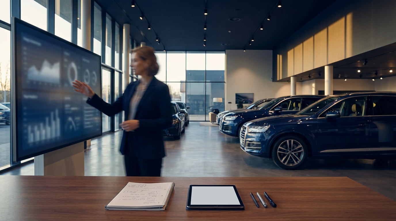 A dealership marketing manager reviewing a structured content outline document on a laptop screen, with keyword research notes and blog post headings visible