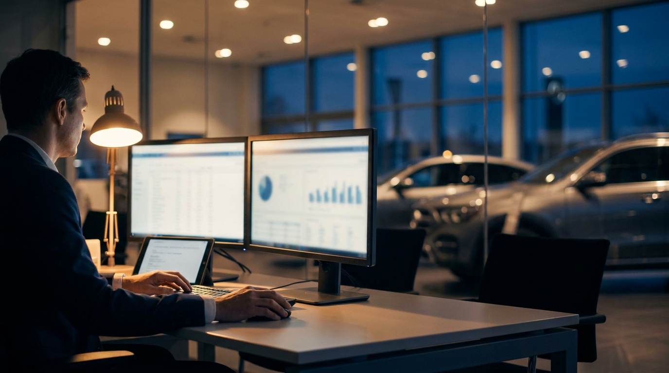 A dealership sales manager searching for BDC software on a laptop, with Owini's AI dashboard visible on a nearby monitor showing lead response times and omnichannel inbox