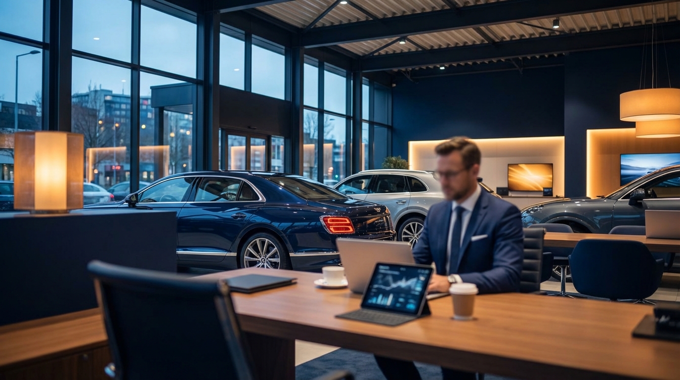 Side-by-side comparison dashboard showing three dealership platform interfaces with feature checkmarks, representing an AI CRM platform evaluation for car dealers