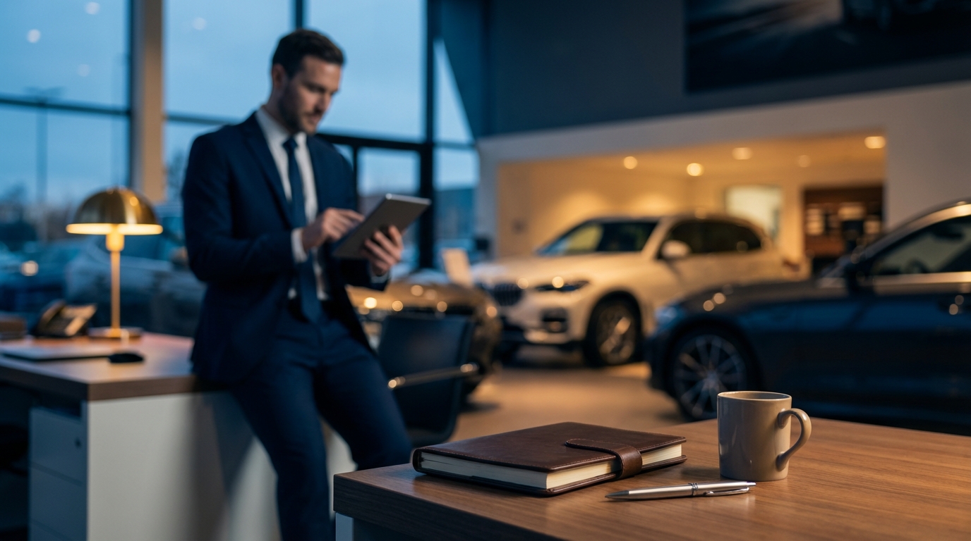 Split-screen comparison showing a dealership sales manager evaluating Matador AI's integration approach versus Owini's all-in-one CRM platform on a laptop, with inventory listings and AI chat responses visible on screen