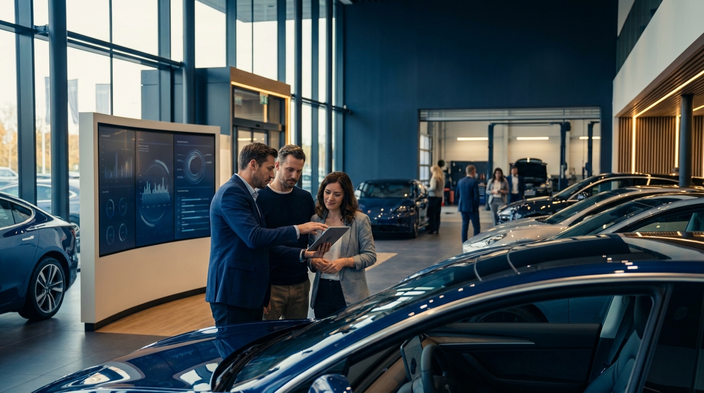 A car dealership sales manager reviewing AI tool dashboards on a laptop, with vehicle inventory and a showroom floor visible in the background