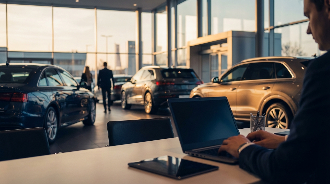 Car dealership sales manager reviewing text message compliance policies on a tablet in a modern showroom with vehicles in the background