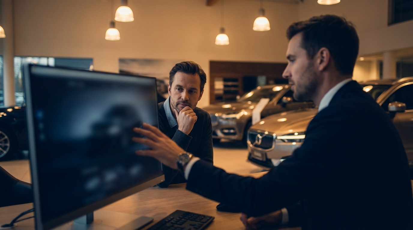 Side-by-side comparison of an outdated desktop CRM interface and a modern mobile-first dealership platform showing AI lead response and inventory automation