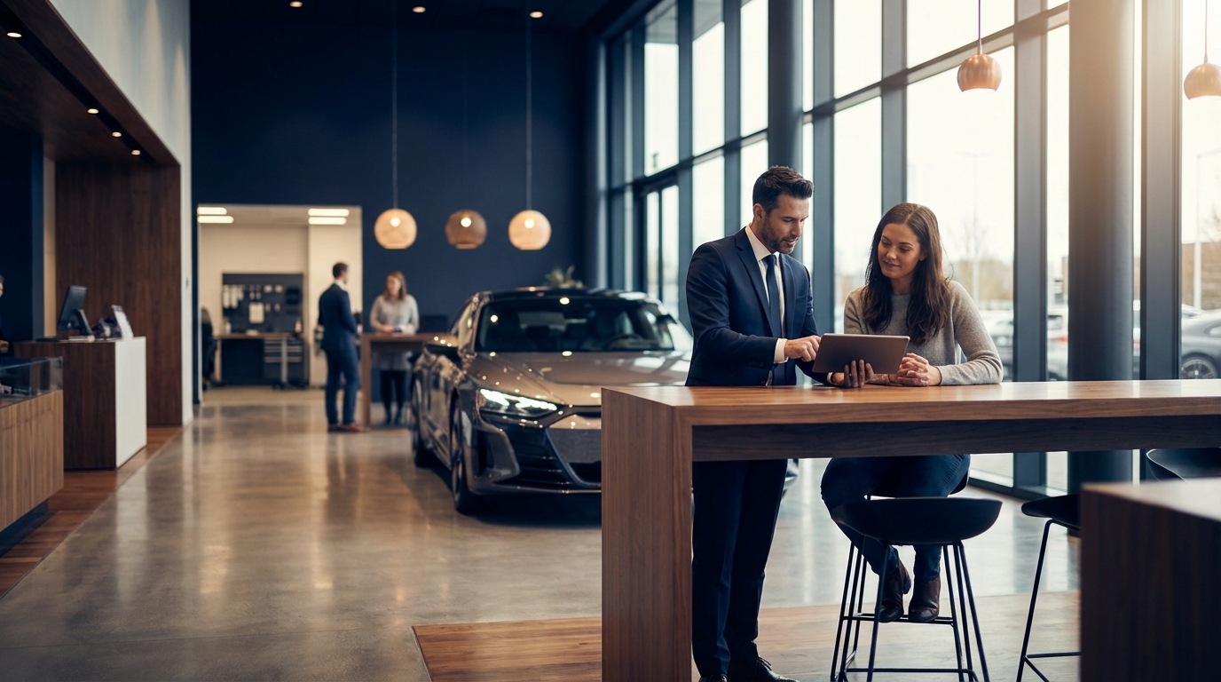 Visual diagram of a car dealership sales funnel showing stages from inventory listing and lead capture at the top through AI-powered engagement and nurture in the middle to showroom visit and vehicle purchase at the bottom