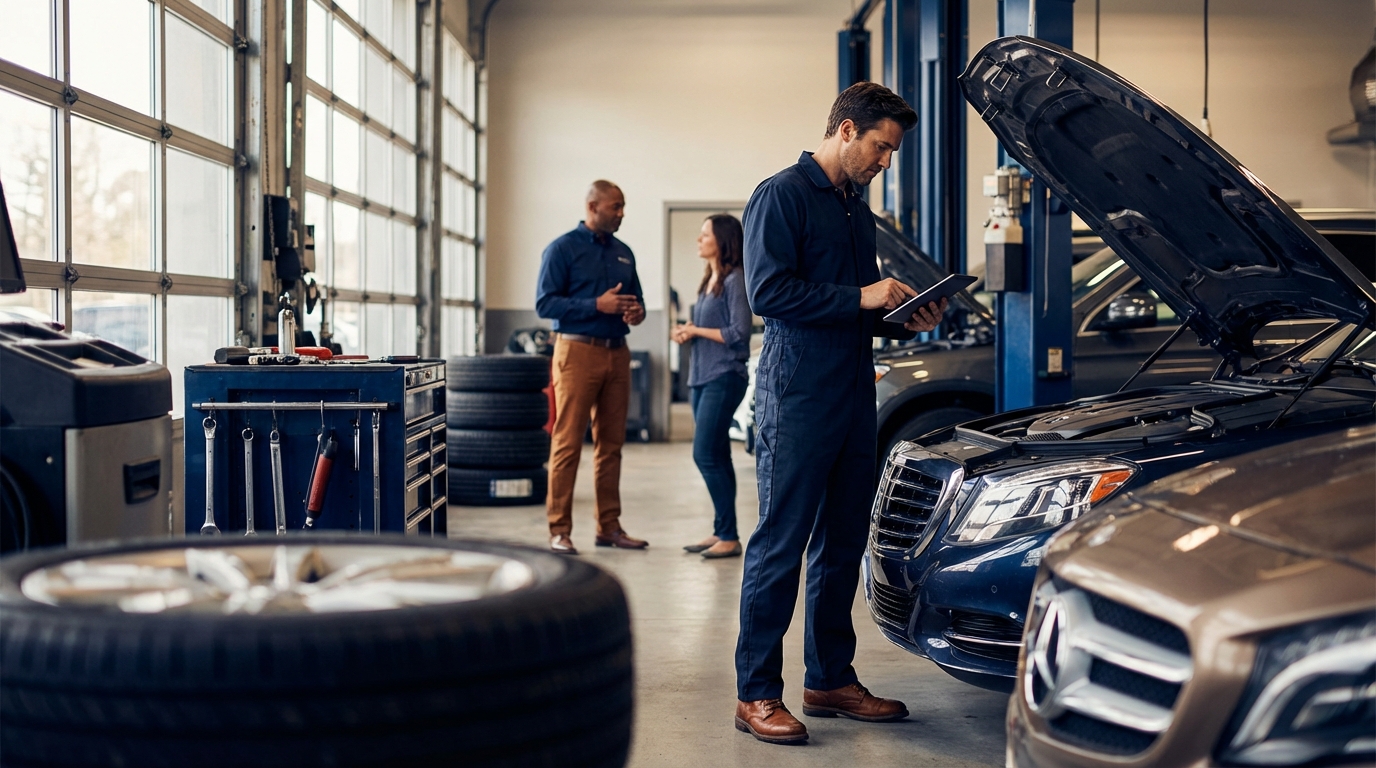 Split-screen showing a busy dealership service lane with technicians on one side and a content strategy dashboard highlighting fixed ops keywords on the other, representing the untapped opportunity in service department content marketing