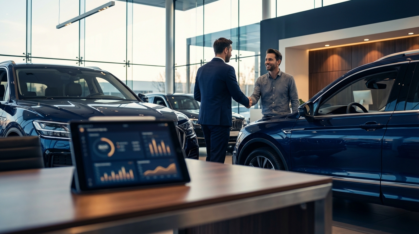 Car dealership sales manager reviewing Owini CRM dashboard on a tablet, with AI lead response notifications and pipeline analytics visible on screen