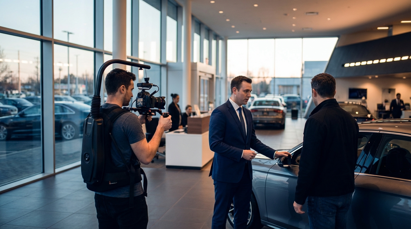 Dealership marketing team recording a video tutorial of CRM software on a laptop with a smartphone camera, car lot visible through the office window