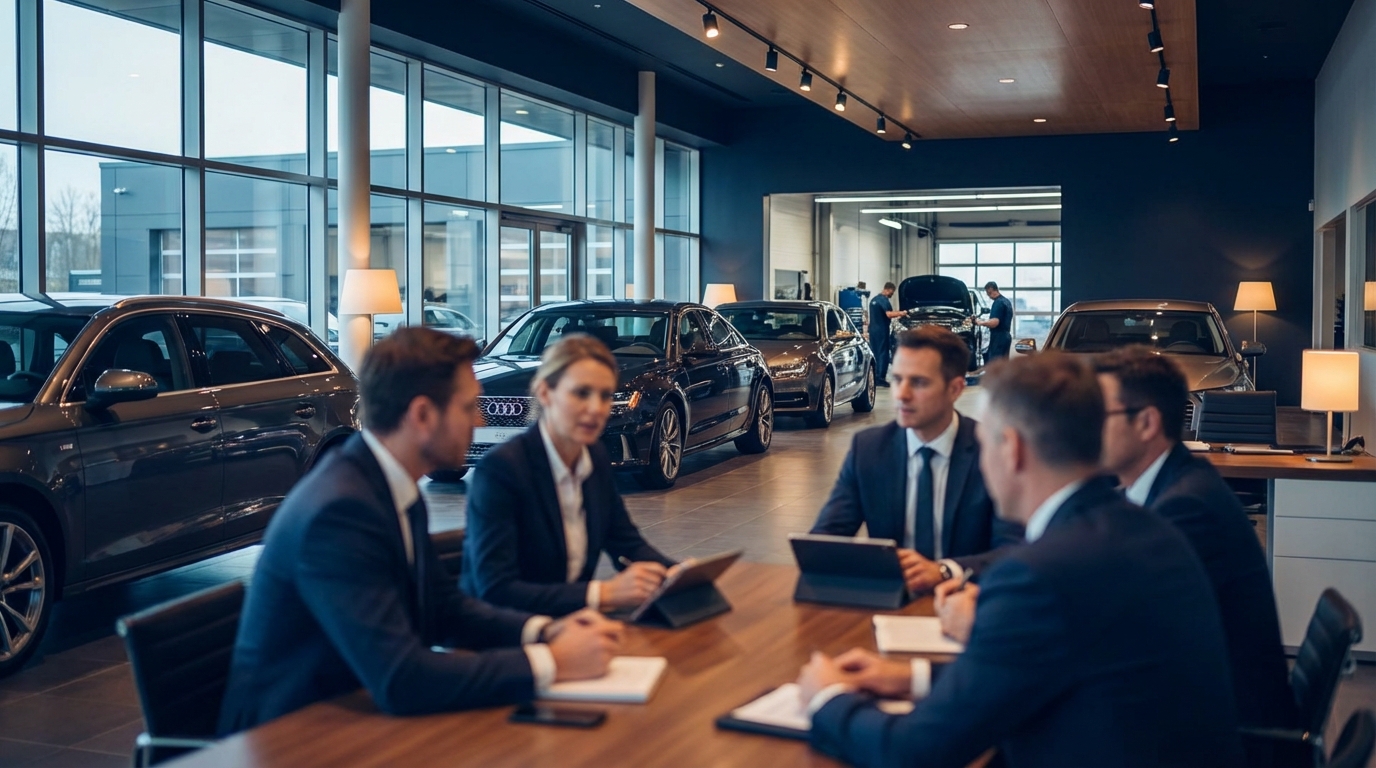 A car dealership sales manager reviewing automotive-specific analytics on a tablet, surrounded by inventory on the lot, representing the need for dealer-focused content over generic marketing advice