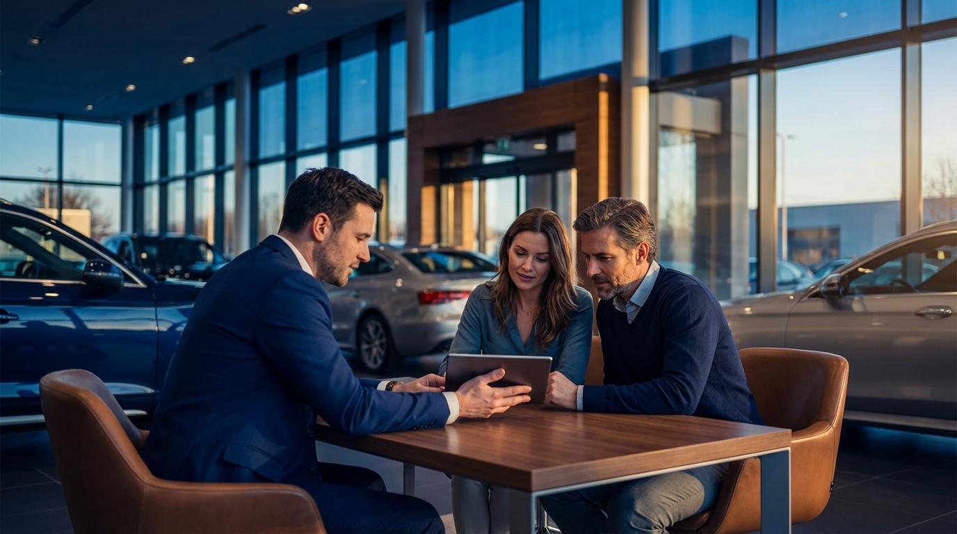 Dealership manager at a desk searching for CRM software on a laptop, with multiple browser tabs showing incomplete comparison results and missing platforms in search rankings
