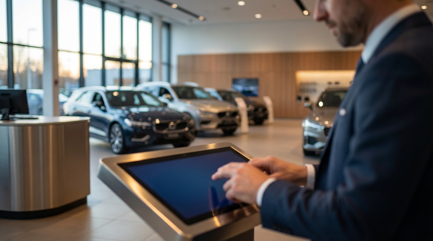 Car dealership BDC manager reviewing AI-powered lead responses on a dashboard screen while sales team works the showroom floor in the background