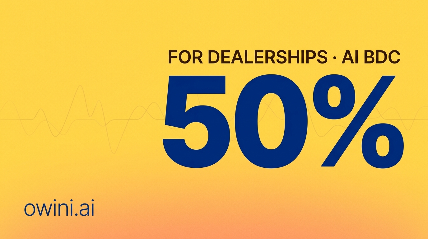 Owini AI BDC after-hours leads — dark dealership lot at night with phone screen showing incoming AI-generated outbound call to an internet lead