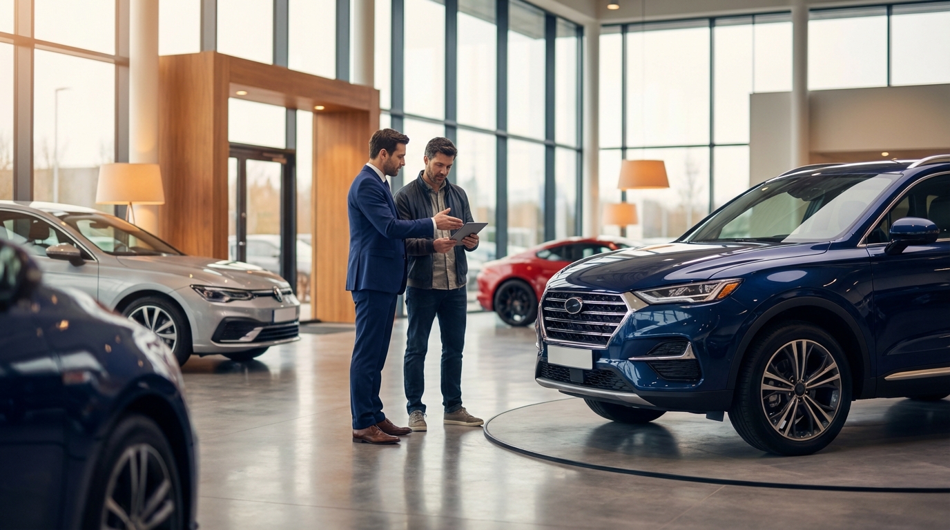 Car dealership sales team reviewing a content strategy calendar on a laptop in a modern showroom with vehicles in the background
