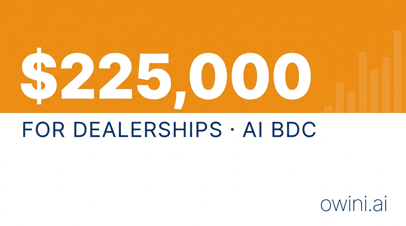 Owini AI BDC for independent dealers — small dealership lot with AI-powered lead response dashboard showing 8-second call time and appointment calendar