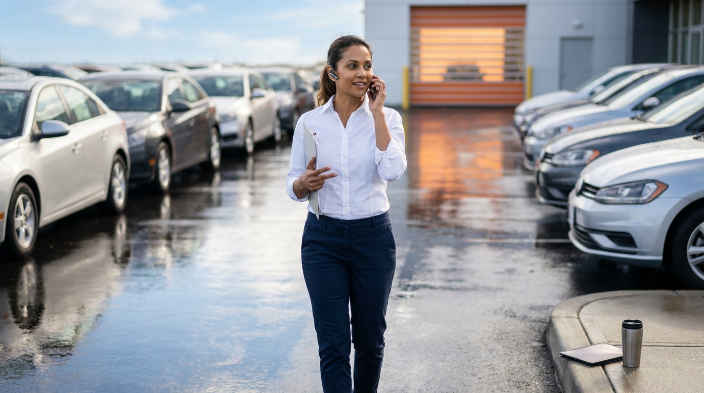 Owini multilingual voice AI dealership — AI BDC greeting a car buyer in their preferred language while inventory data displays on a dealership dashboard