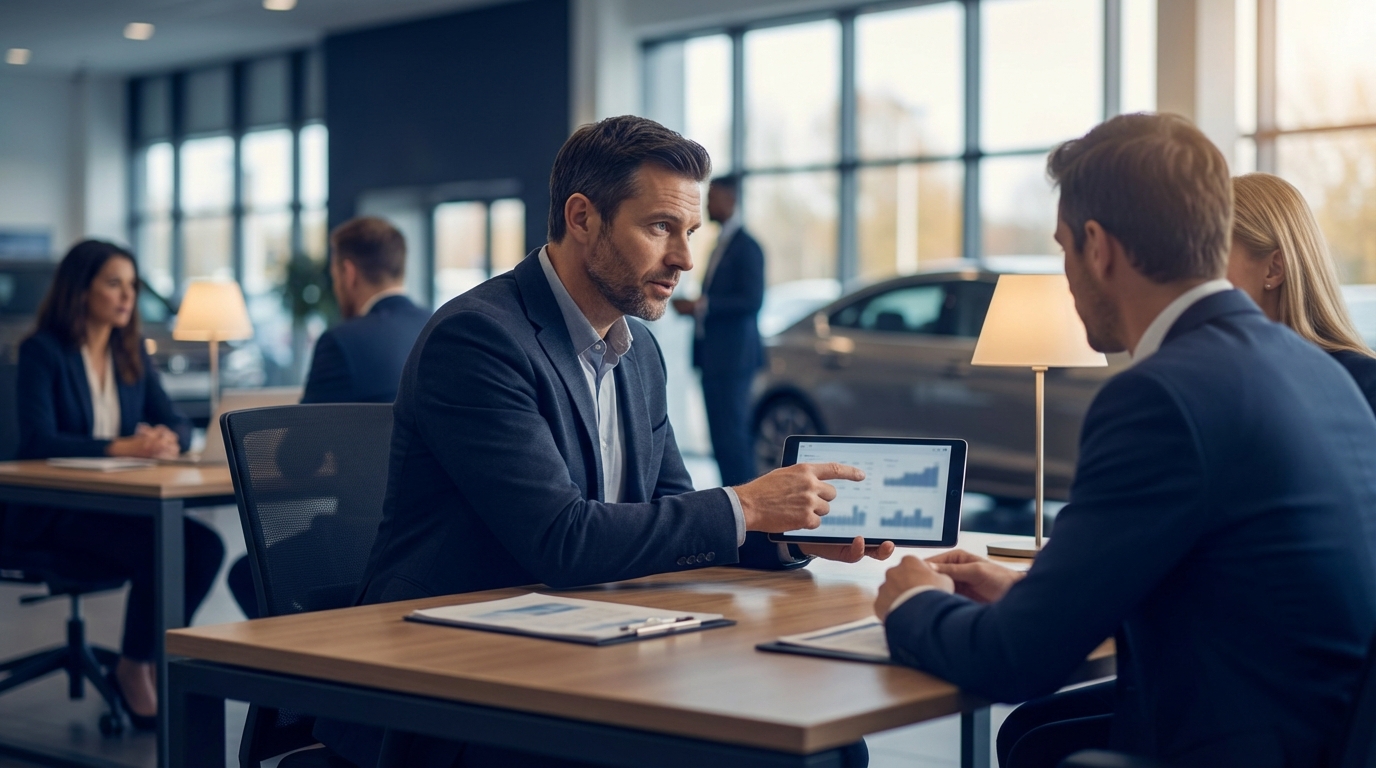 BDC manager at a dealership reviewing a lead response dashboard on a monitor with speed-to-lead metrics and an omnichannel inbox showing multiple active conversations