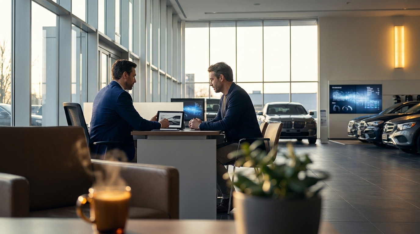 Car dealership sales manager reviewing an AI-powered retention dashboard showing reactivated leads, automated campaign performance metrics, and service customer re-engagement timelines