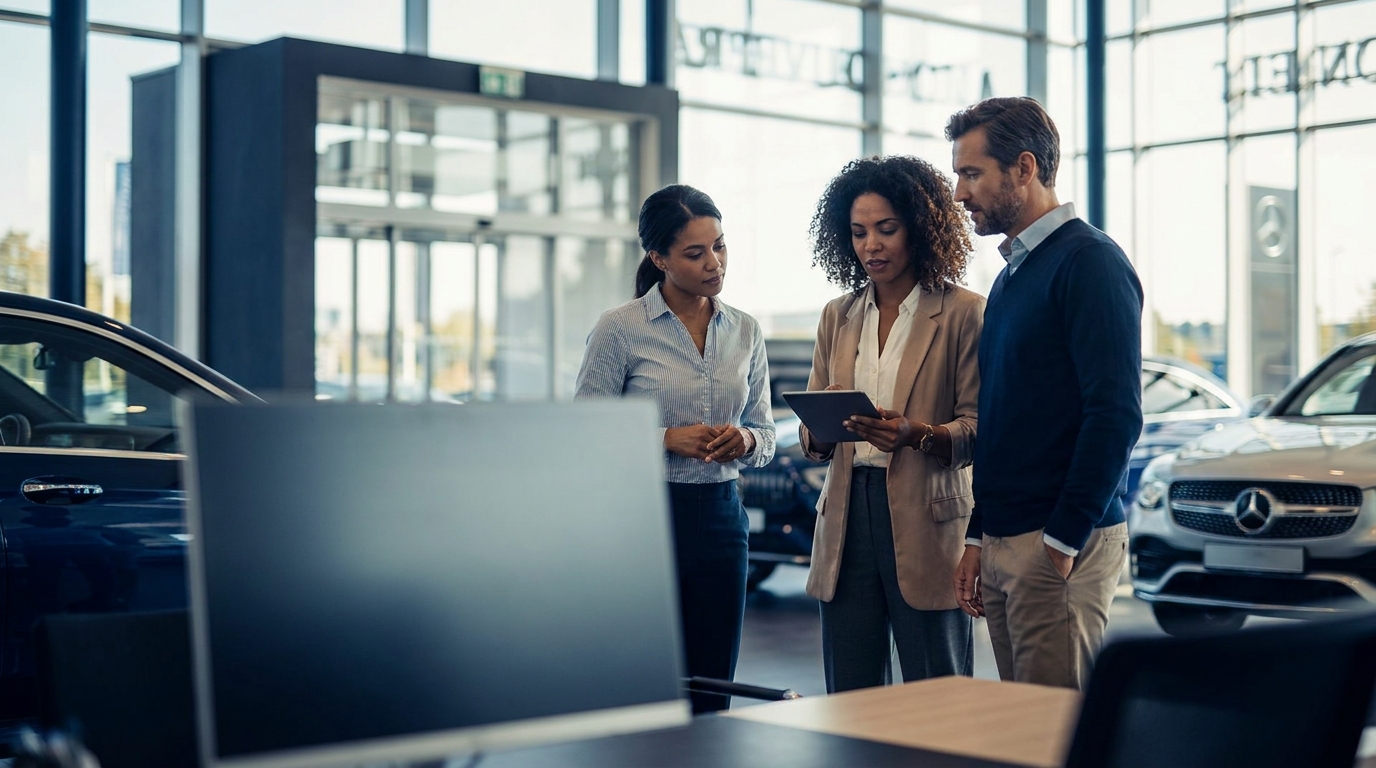 Search engine results page showing DriveCentric, Matador AI, and automotive consulting blog listings competing for dealership CRM and AI platform queries