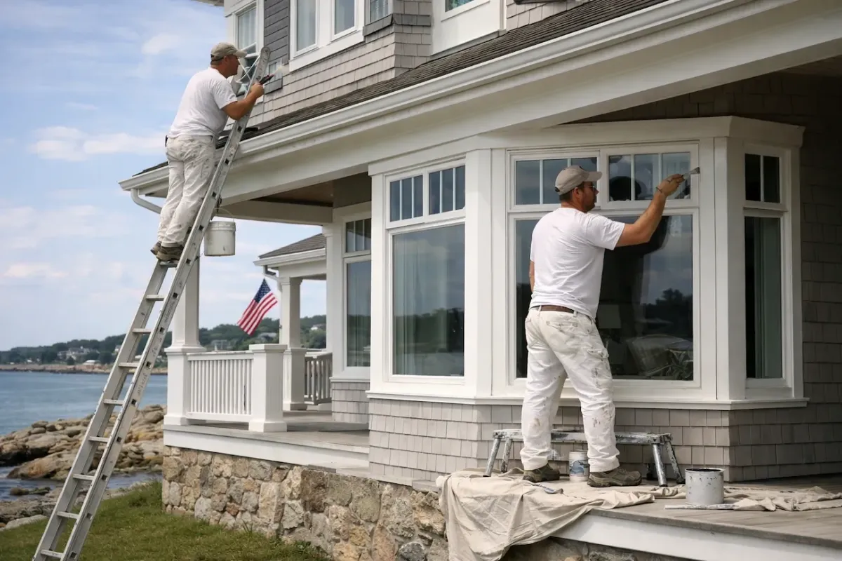 Exterior house painting crew painting window trim on a coastal New England home in Beverly Massachusetts