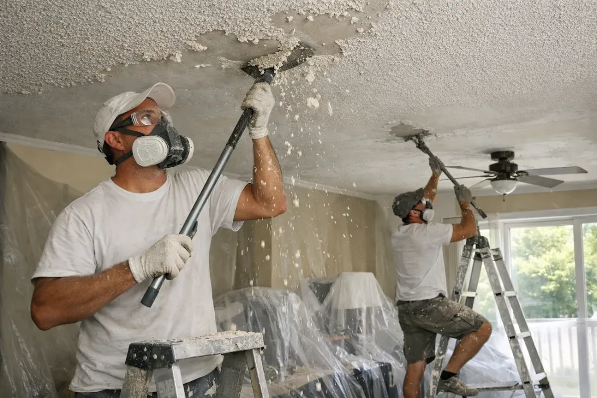 nterior renovation crew scraping and removing popcorn ceiling in a Beverly Massachusetts home