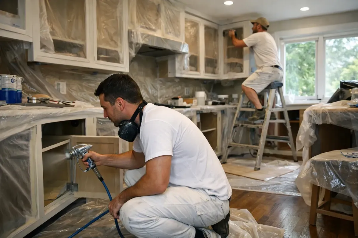 Skilled interior painters performing detailed cabinet painting and prep work in a Beverly MA kitchen