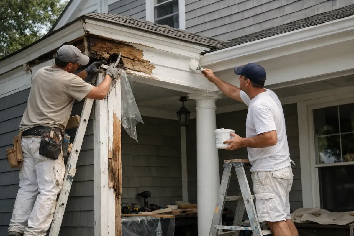 Wood rot repair and exterior trim painting services in Beverly MA