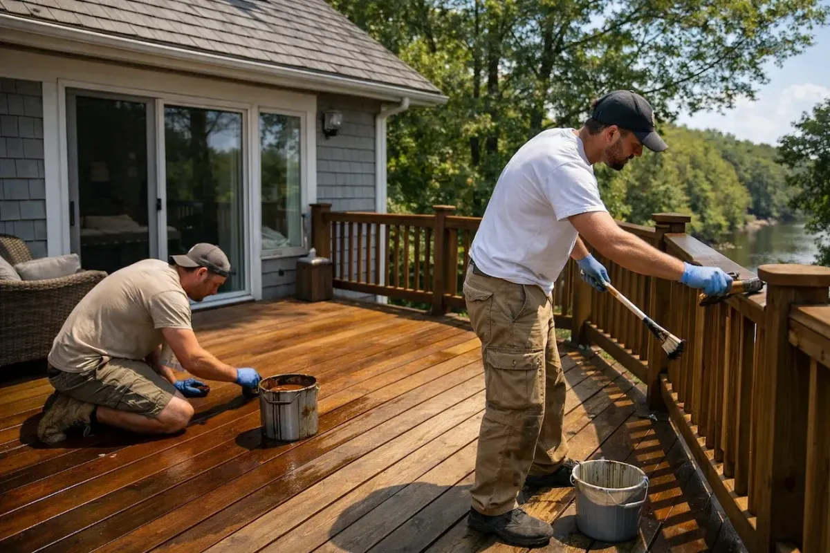 Professional deck staining and sealing on a residential wood deck in Beverly MA