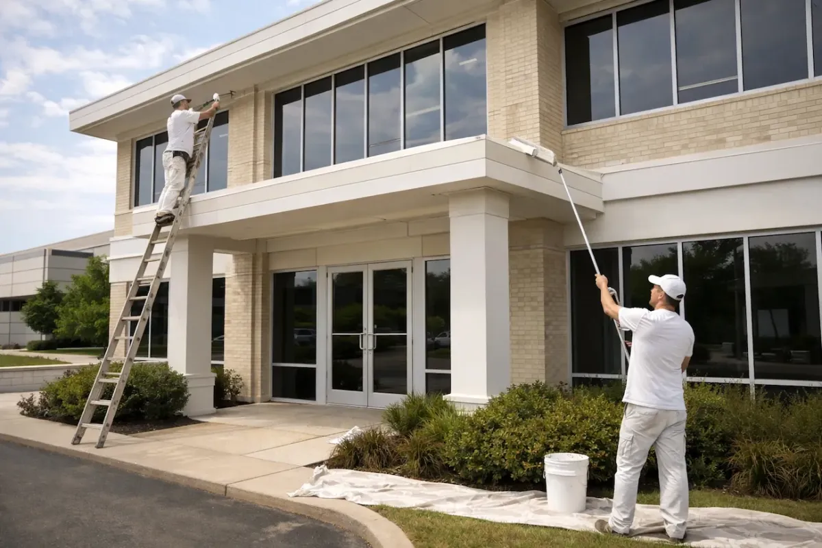 Commercial painting crew painting exterior trim and window frames on a building in Beverly Massachusetts