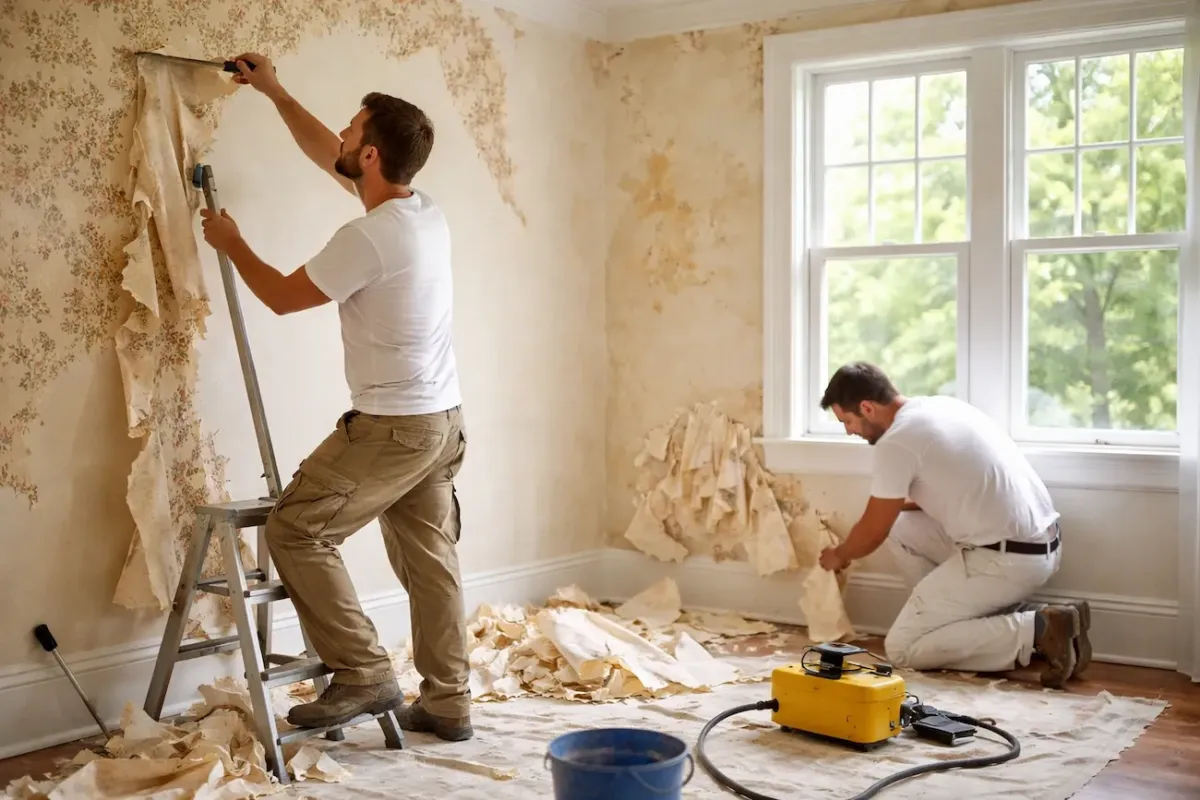 Professional contractors removing old wallpaper during an interior renovation in Beverly MA