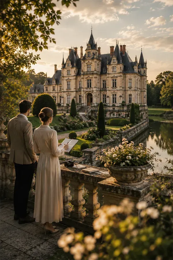 Wedding Dreams: “Castle scouting moment overlooking a historic estate”