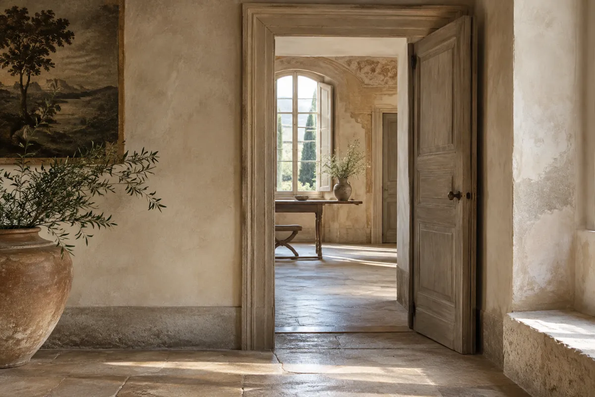An open doorway in a historic European house, filled with soft natural light.