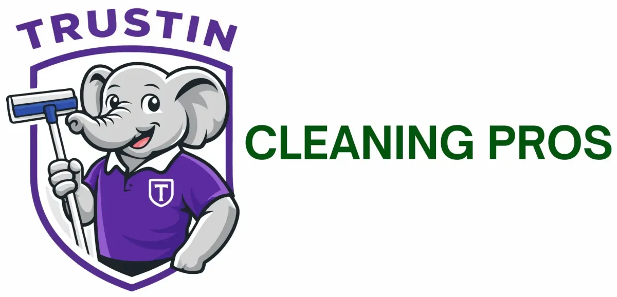 Trustin Cleaning Pros logo featuring a cartoon elephant holding a cleaning squeegee.