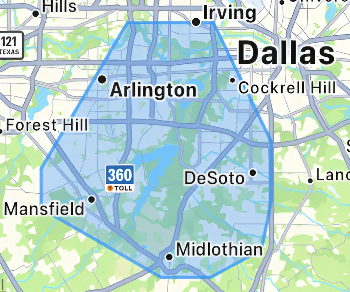 Service area map covering DeSoto, Arlington, Mansfield, Midlothian, and Dallas, Texas.