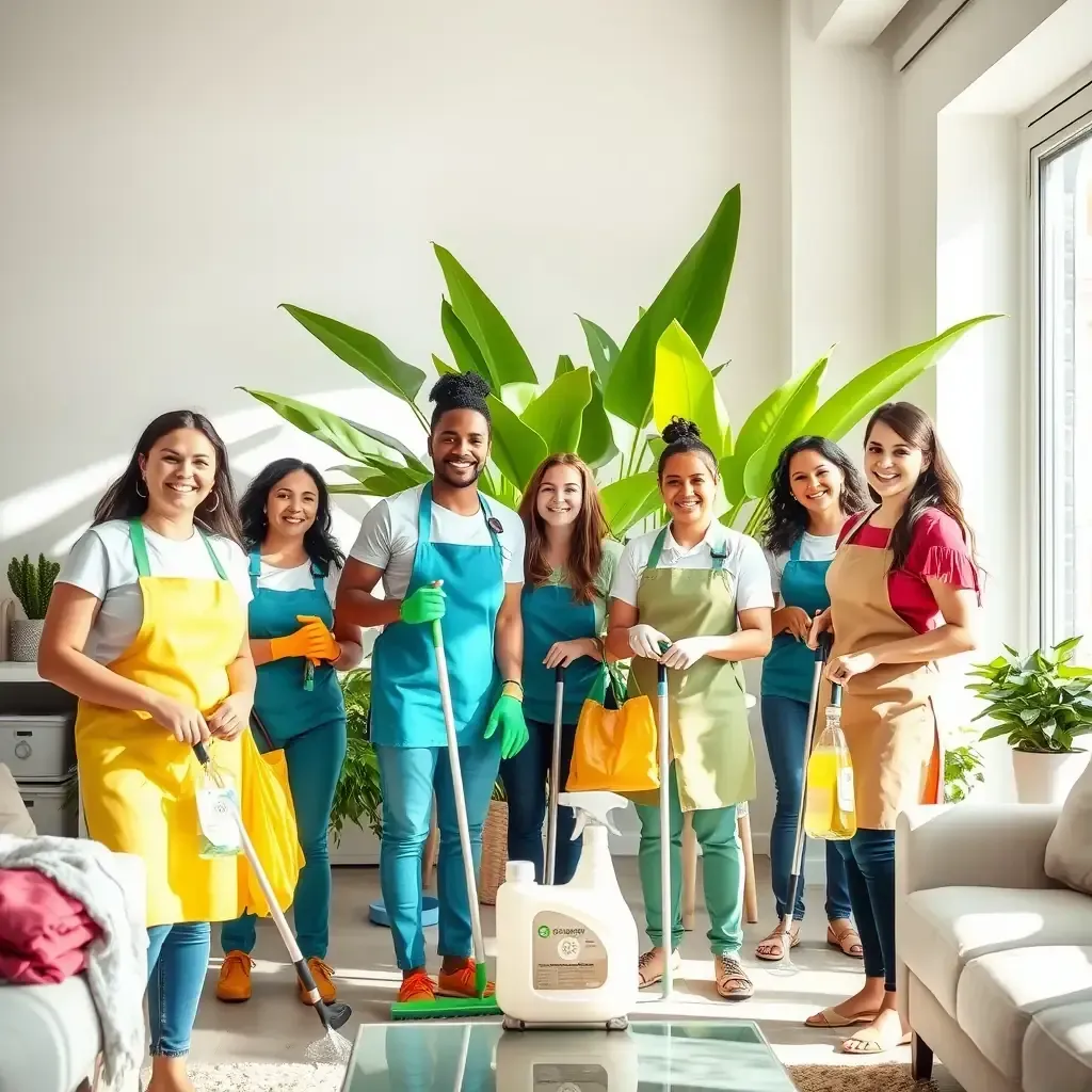 Professional cleaning team standing indoors with mops and supplies, smiling and ready to clean.