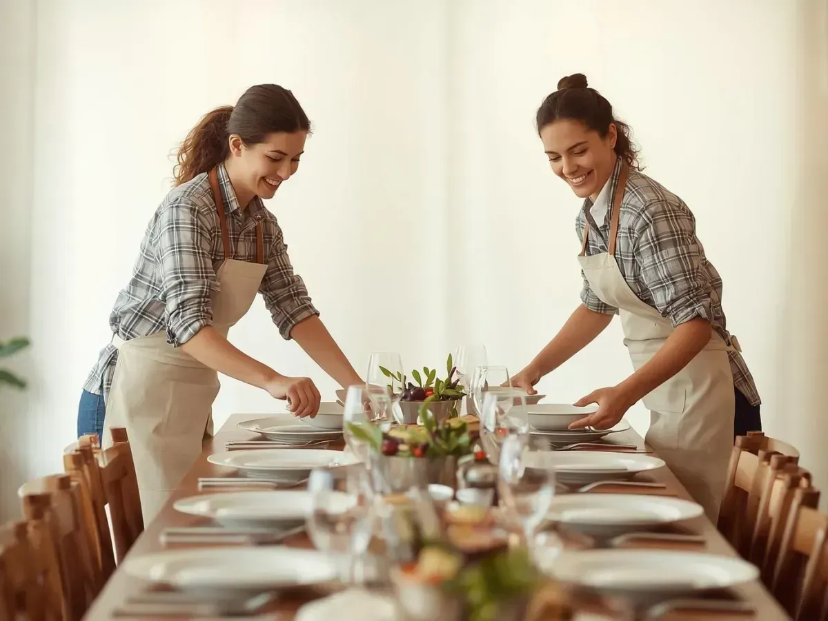 Two professional cleaners setting a dining table with plates and glassware in a bright, modern room.