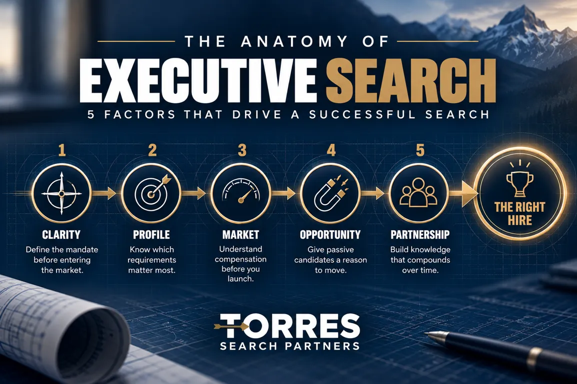 An image showing 5 directional steps for an executive search