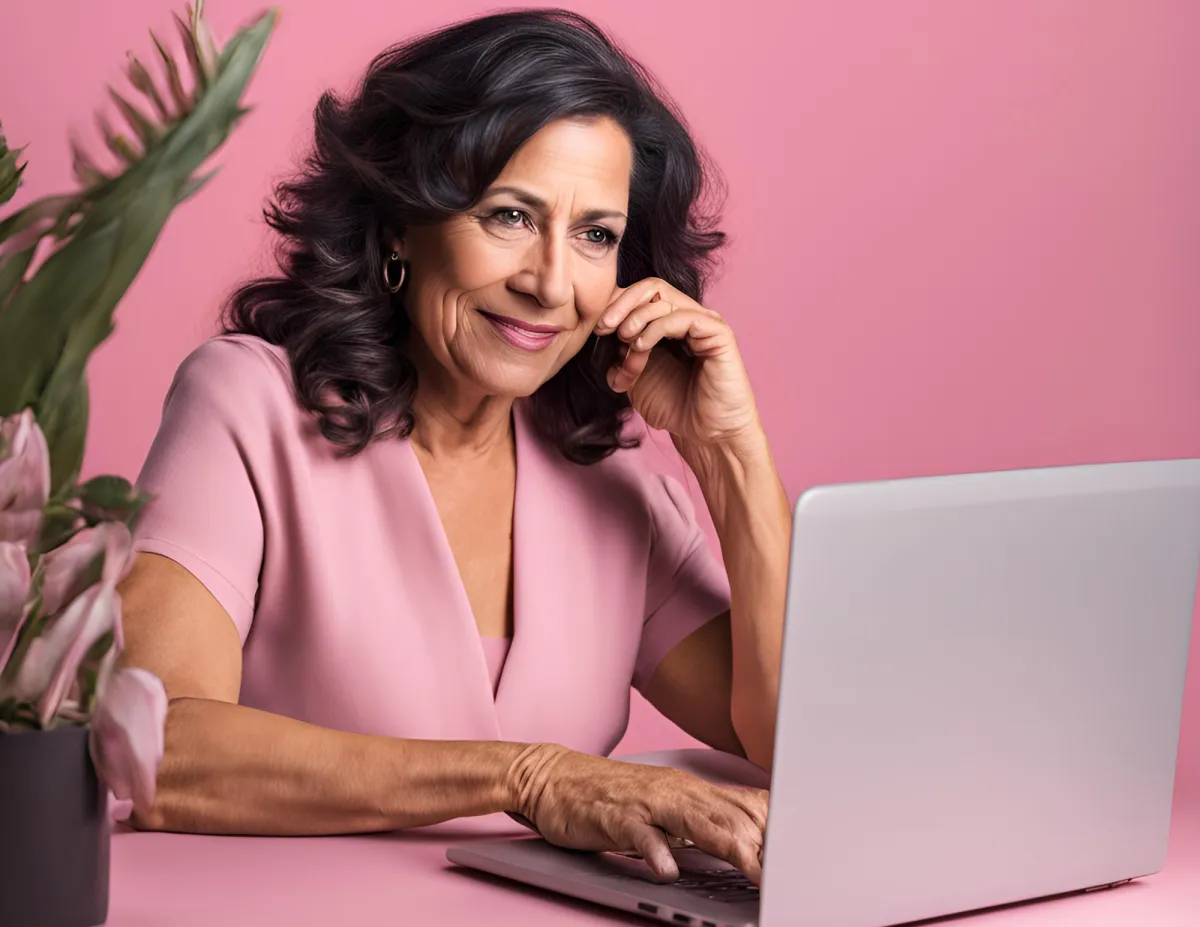 Money Makers Mastermind Woman at laptop with pink flowers