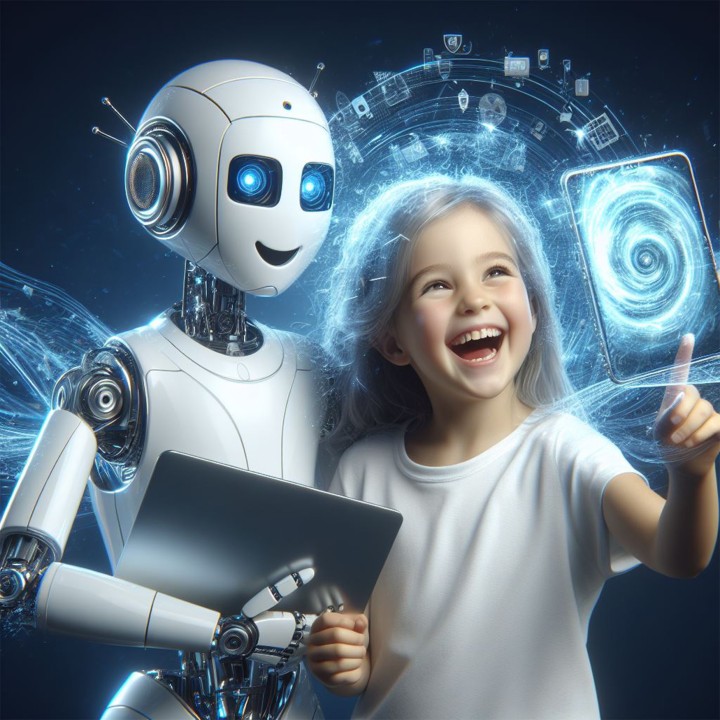 A mother and child, both of diverse backgrounds, interact with a friendly AI assistant in a sunlit, modern living room. The child holds a digital tablet, while the parent offers guidance, both smiling. The scene is vibrant, with soft blue and teal accents, symbolizing technology and warmth.