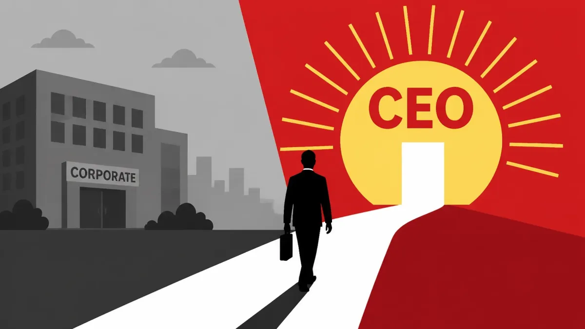 An illustration representing a corporate exit strategy, showing a businessman walking away from a grey corporate building toward a bright, sun-shaped doorway labeled CEO.