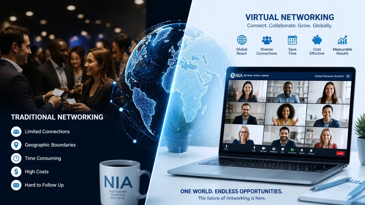 Infographic comparing traditional in-person networking mixers with virtual online business networking on a laptop screen