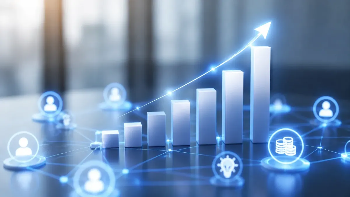 A 3D business growth bar chart with an upward-trending arrow, layered over a digital network of connected professional icons representing efficient, smart business networking.