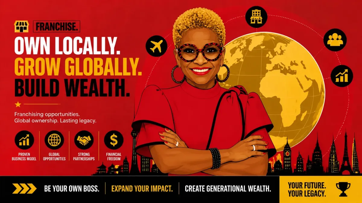 A vibrant infographic of a Black female business owner showcasing franchise opportunities for building generational wealth and expanding global impact.