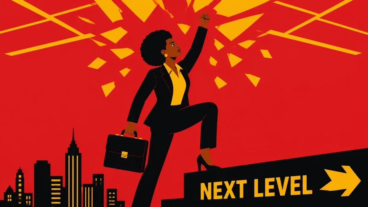 An illustration of a Black woman executive shattering a glass ceiling with her fist, walking up steps labeled 'NEXT LEVEL' away from a city skyline to represent empowerment and business growth.