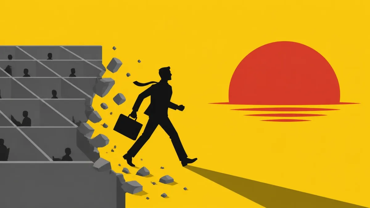 Silhouetted professional carrying a briefcase breaks through a corporate office wall and walks toward a red sunrise, symbolizing a bold career transition.