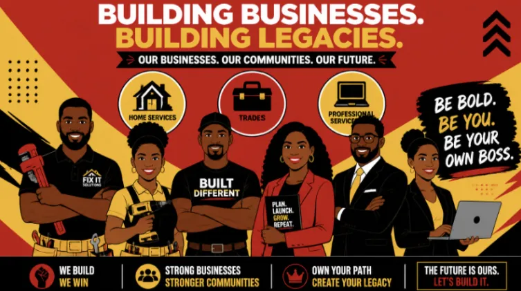 Graphic illustration of diverse Black entrepreneurs and trade professionals promoting business ownership and community legacy.
