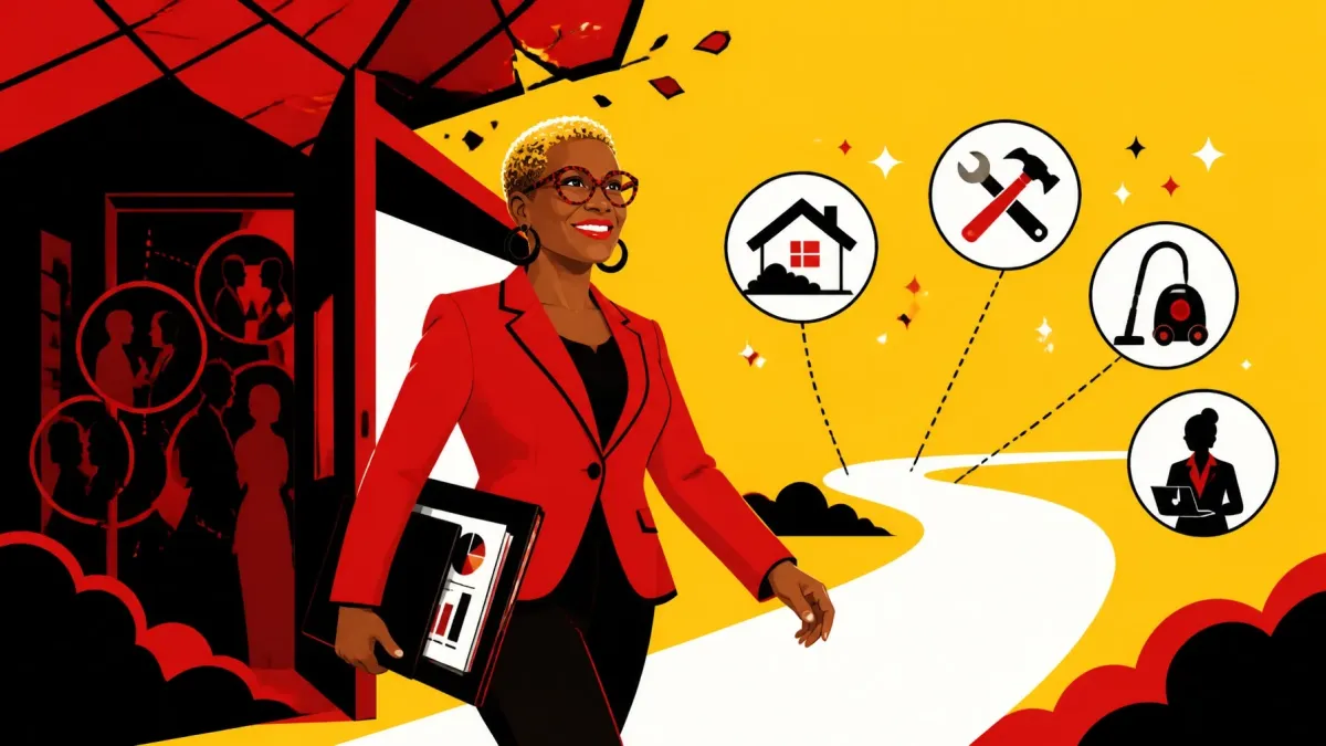 Black woman entrepreneur in a red blazer stepping through a doorway toward franchise ownership opportunities, with icons representing home services, repairs, cleaning, and professional businesses.