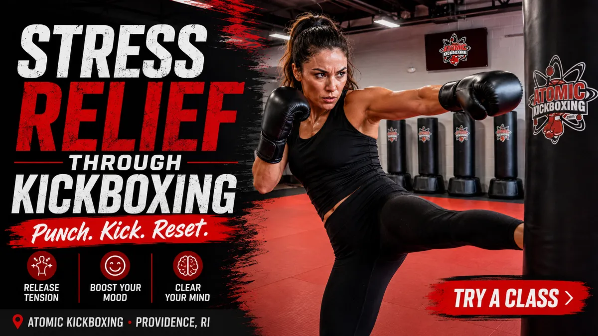 Kickboxing class at Atomic Kickboxing used for stress relief, fitness, and mental health improvement.