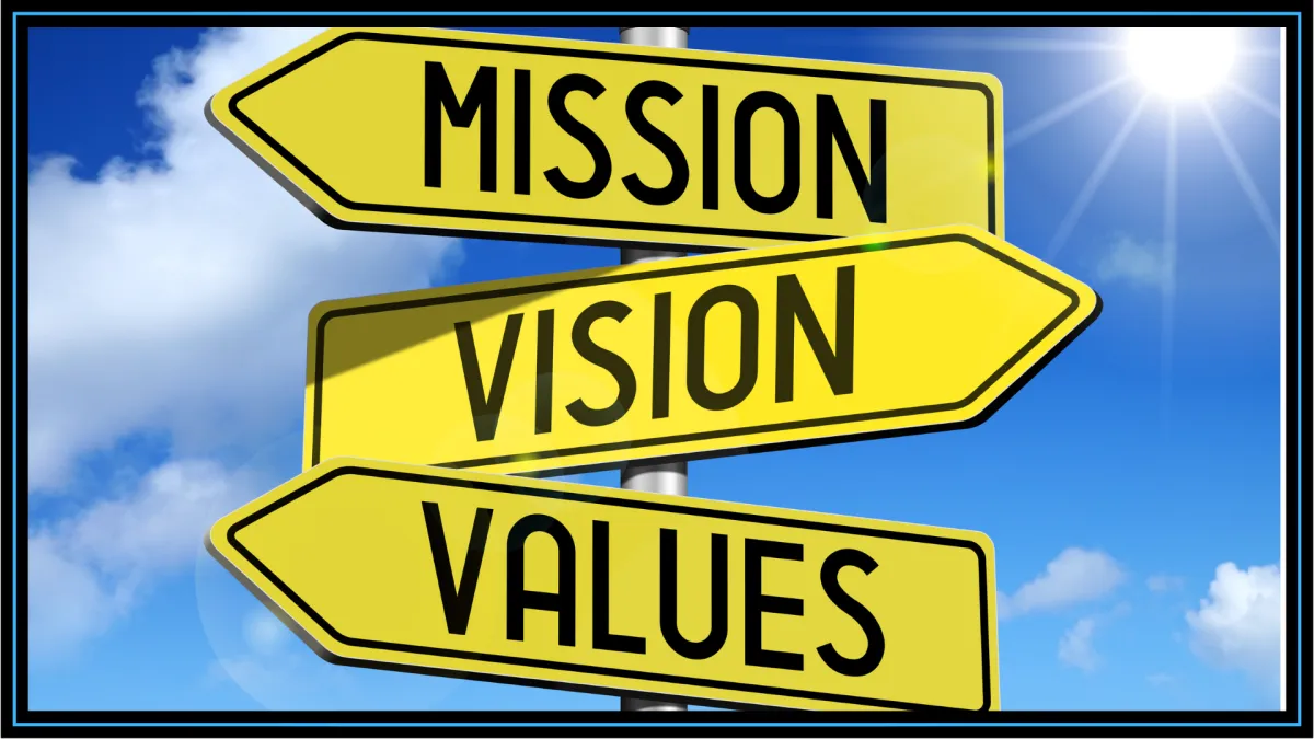 mission vision values street sign