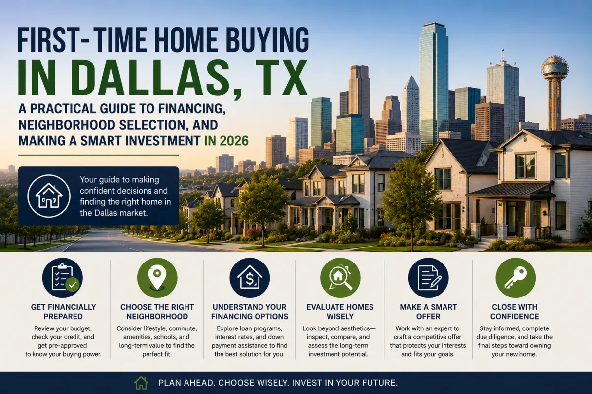 Modern suburban homes with the Dallas skyline in the background illustrating a first-time home buying guide covering financing, neighborhood selection, and smart investment strategies in 2026.