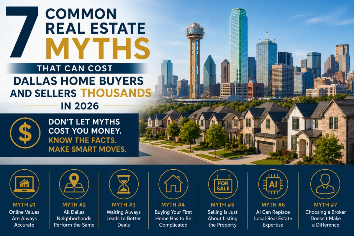 Infographic highlighting common real estate myths that Dallas home buyers and sellers should avoid in 2026